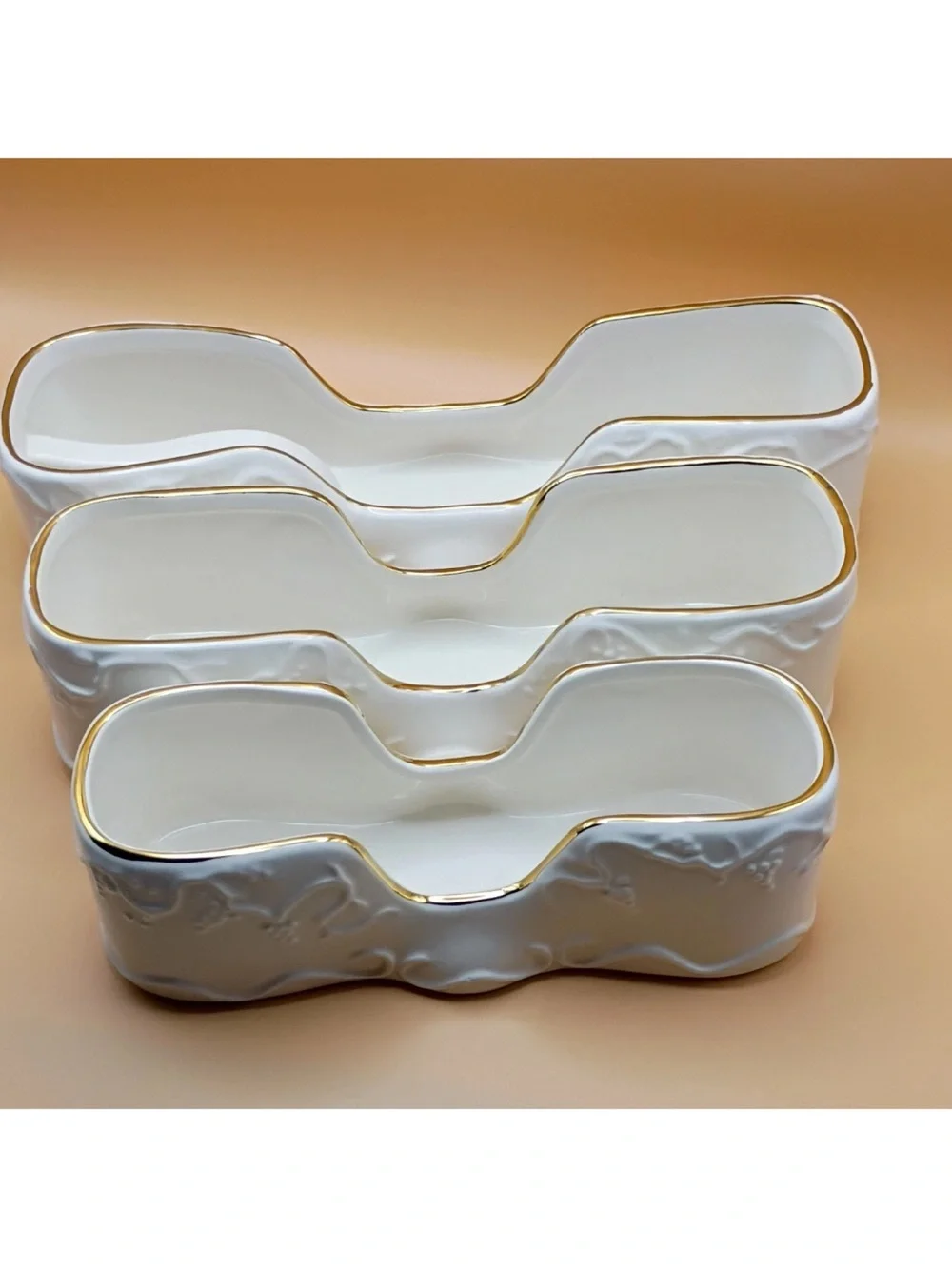 VTG White Porcelain Gold-Trim Buffet Caddies/Silverware Tray- Set of 3